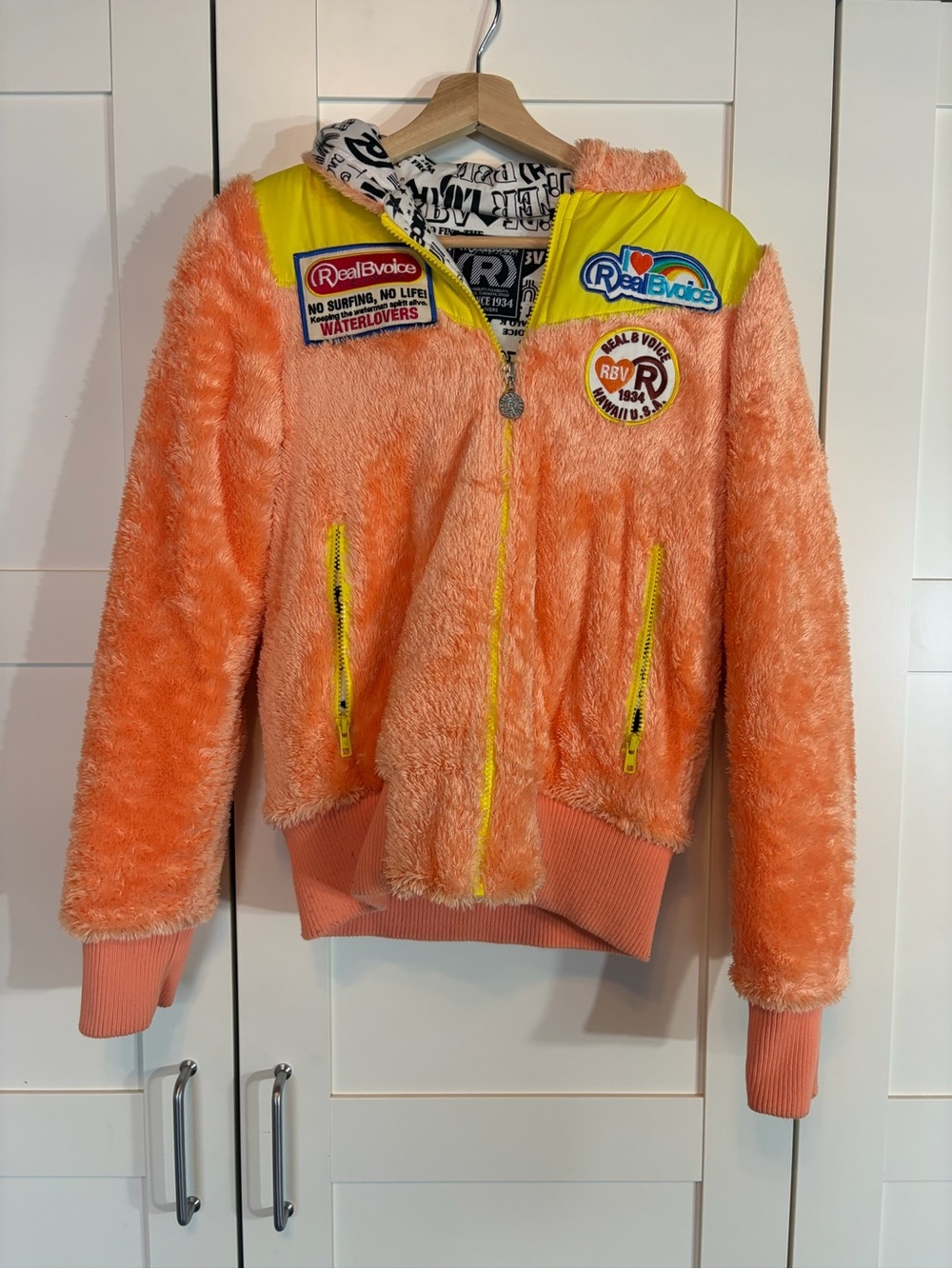 Peach Fuzzy Hooded Puffer Jacket with Yellow Accents W